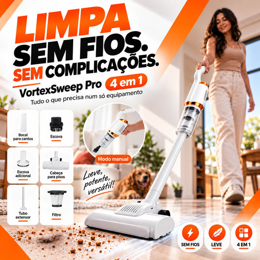 VortexSweep Pro 4 em 1 | Limpeza Sem Fios para Toda a Casa
