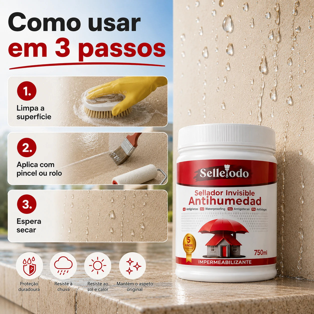 SelleTodo 750g, Proteção Impermeável Duradoura Contra Humidade, Goteiras e Infiltrações